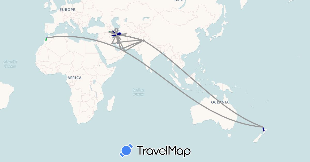 TravelMap itinerary: driving, bus, plane, train, boat in United Arab Emirates, Iran, Kuwait, Morocco, New Zealand, Oman, Pakistan, Thailand (Africa, Asia, Oceania)